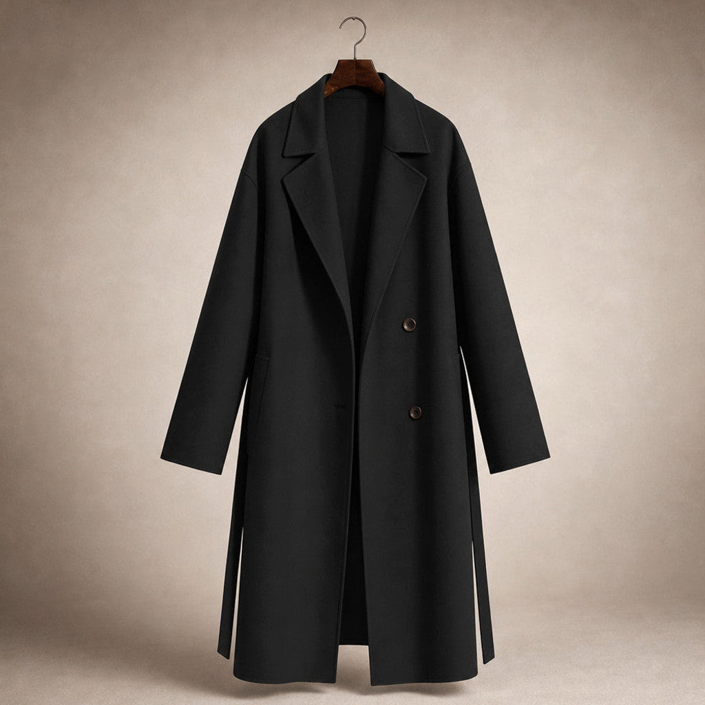 Clariana | Wool Coat Satin-Lined Straight Cut Black – Product Photo
