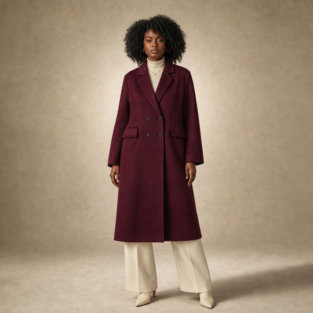 Clarissa | Double-Breasted Trench Coat Lapel Collar in Bordeaux – Premium Editorial