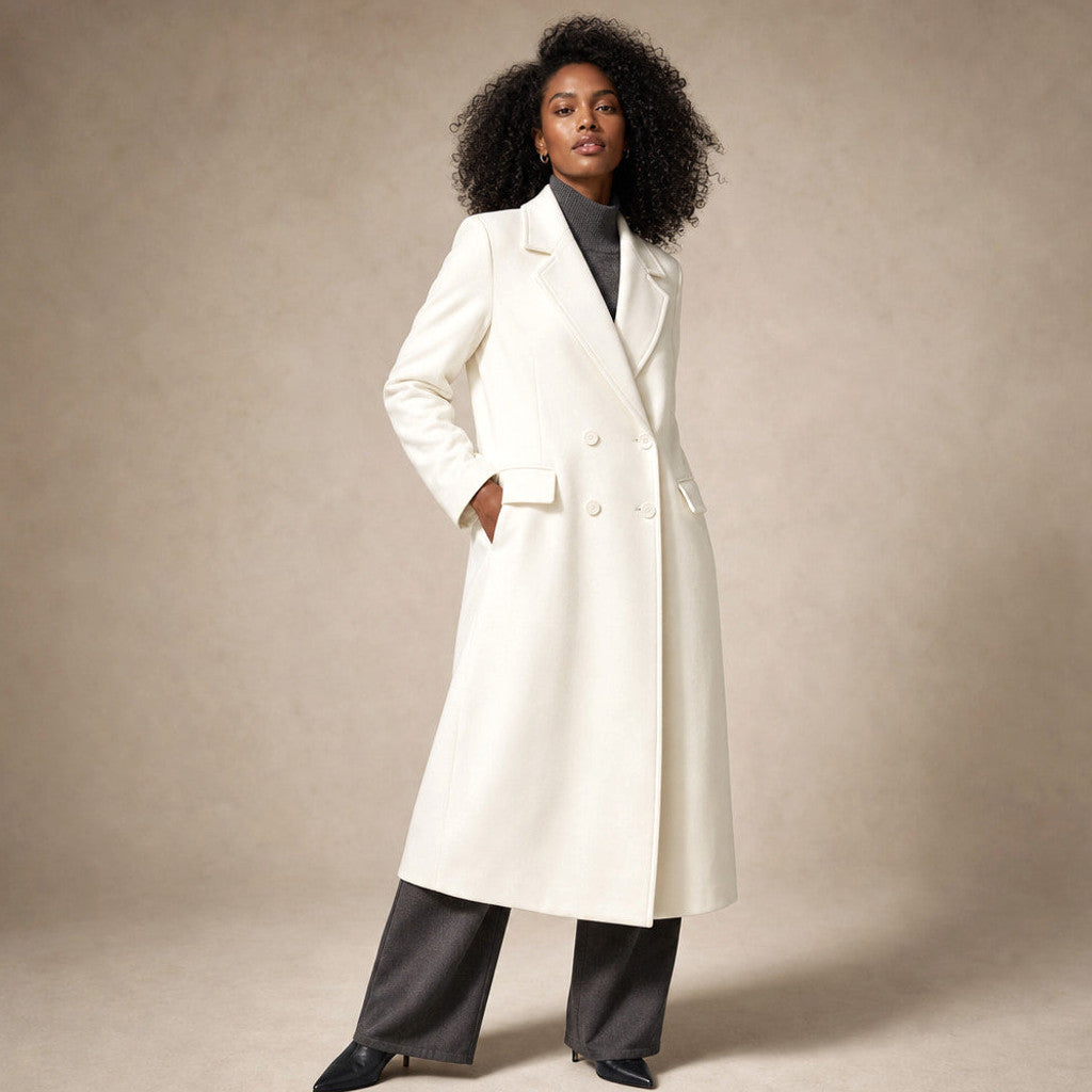 Clarissa | Double-Breasted Trench Coat Lapel Collar White – Side Angle View