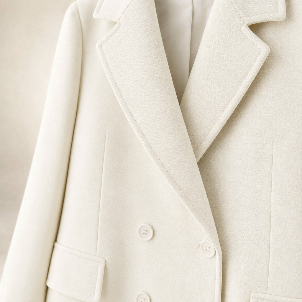 Clarissa | Double-Breasted Trench Coat Lapel Collar White – Fabric and Detail Close-Up