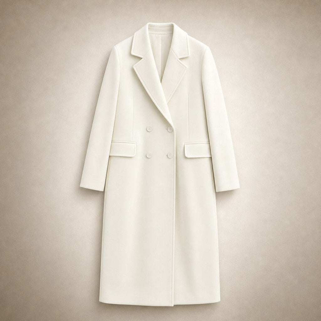 Clarissa | Double-Breasted Trench Coat Lapel Collar White – Flat Lay Product Photo