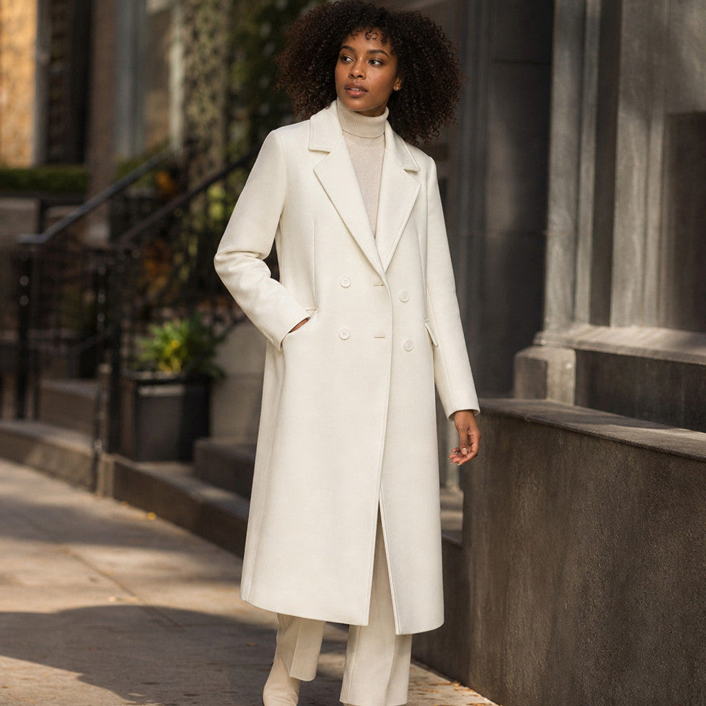 Clarissa | Double-Breasted Trench Coat Lapel Collar White – Styled Editorial Shot