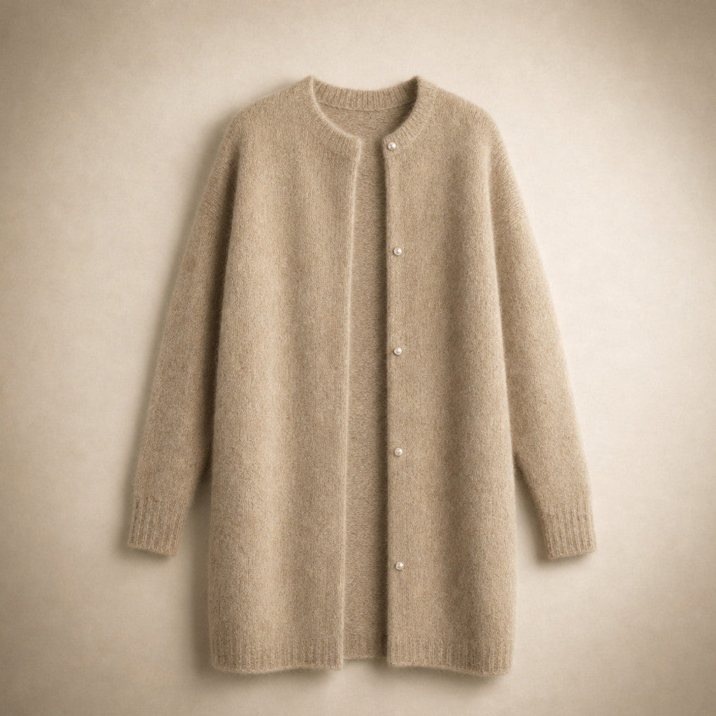 Clemency | Knitted Cardigan Dropped Shoulder Button Front Beige – Product Photo