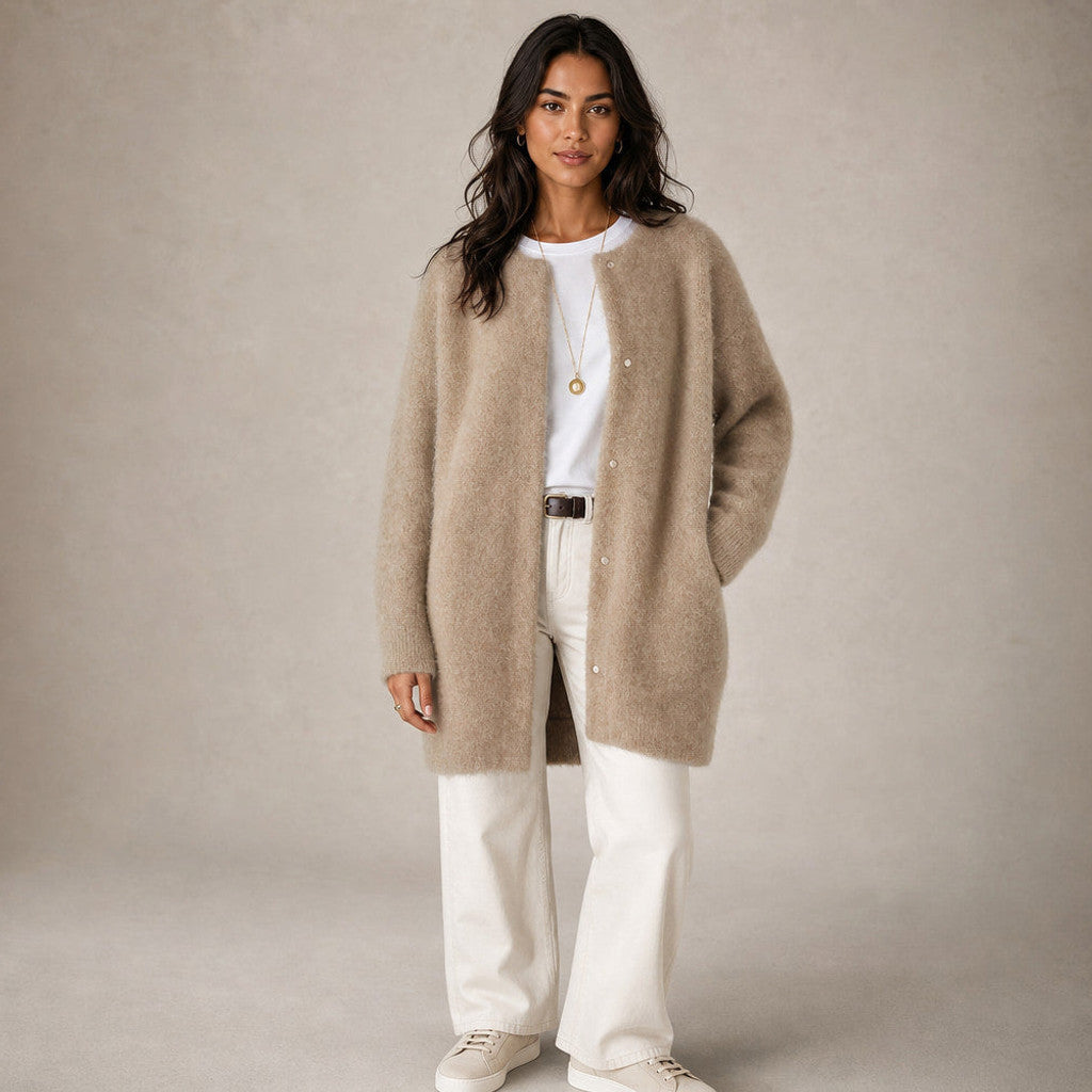 Clemency | Knitted Cardigan Dropped Shoulder Button Front in Beige – Premium Editorial