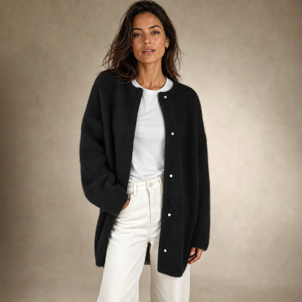 Clemency | Knitted Cardigan Dropped Shoulder Button Front in Black – Premium Editorial