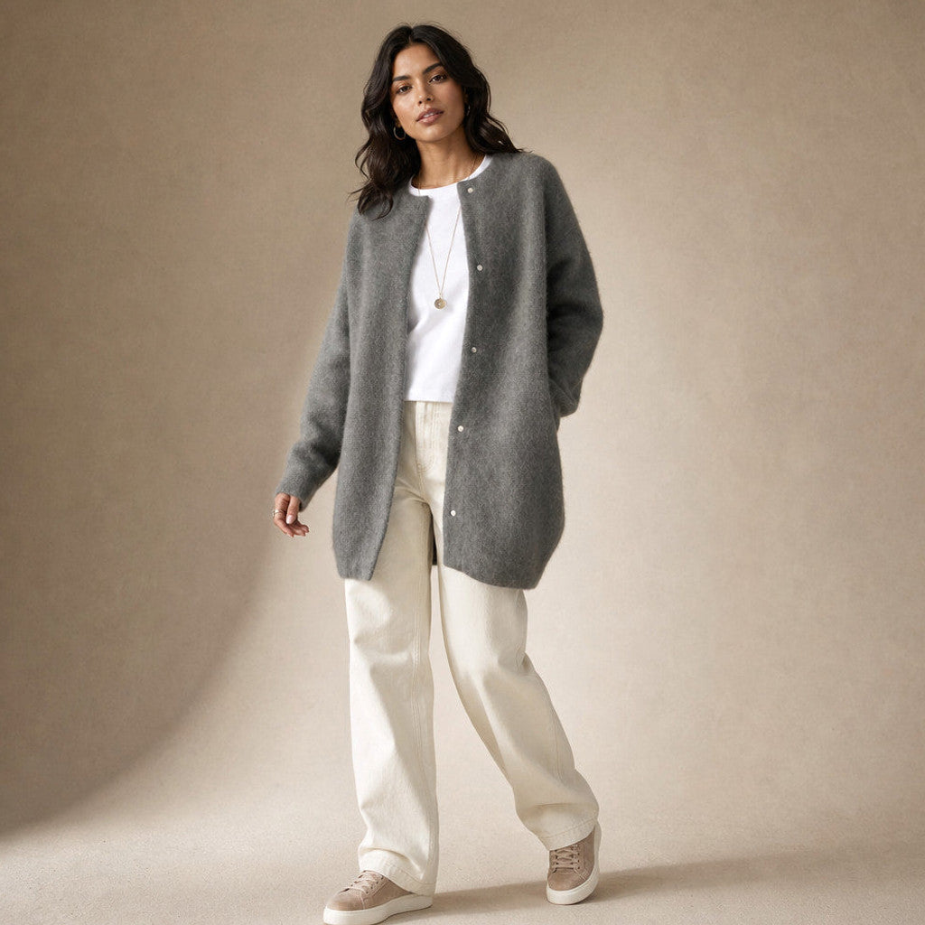Clemency | Knitted Cardigan Dropped Shoulder Button Front Grey – Side Angle View