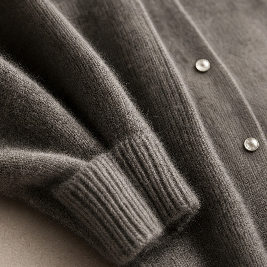 Clemency | Knitted Cardigan Dropped Shoulder Button Front Grey – Fabric and Detail Close-Up