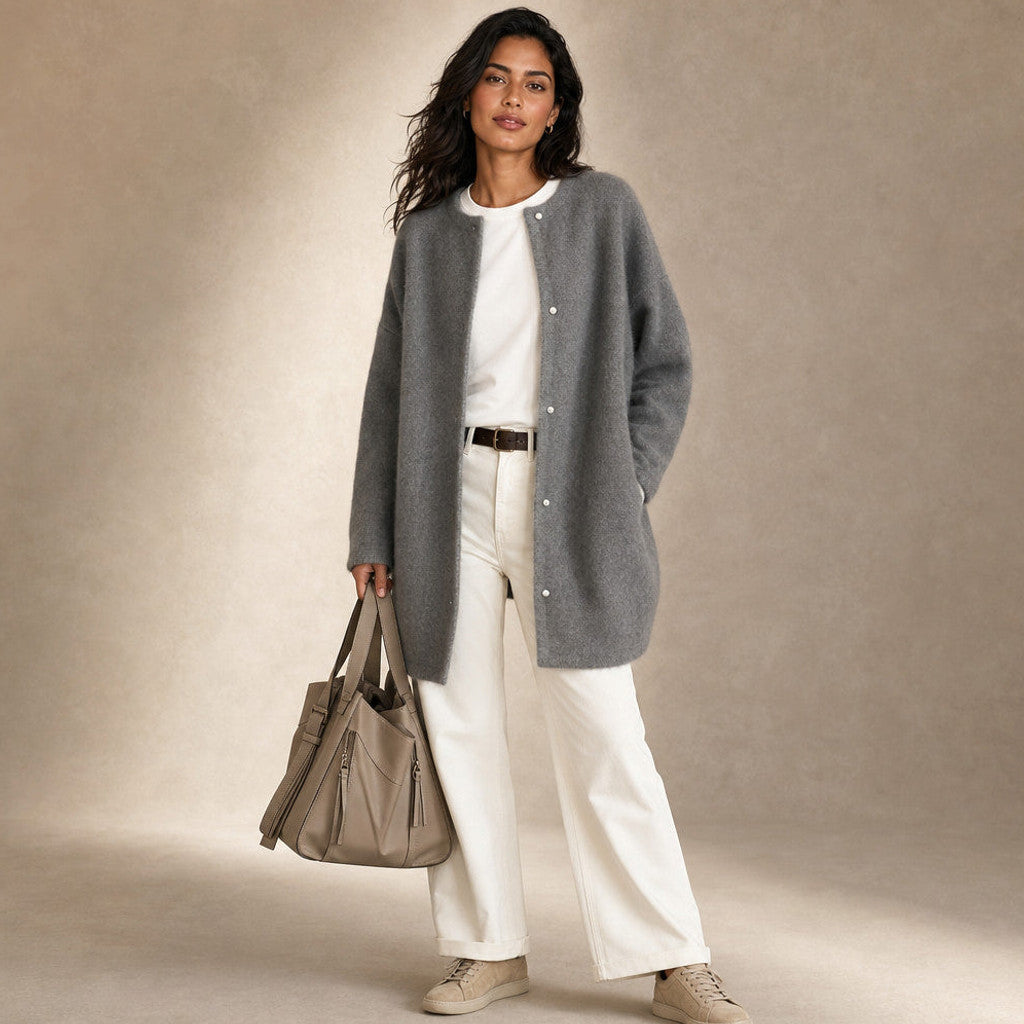 Clemency | Knitted Cardigan Dropped Shoulder Button Front Grey – Full Look