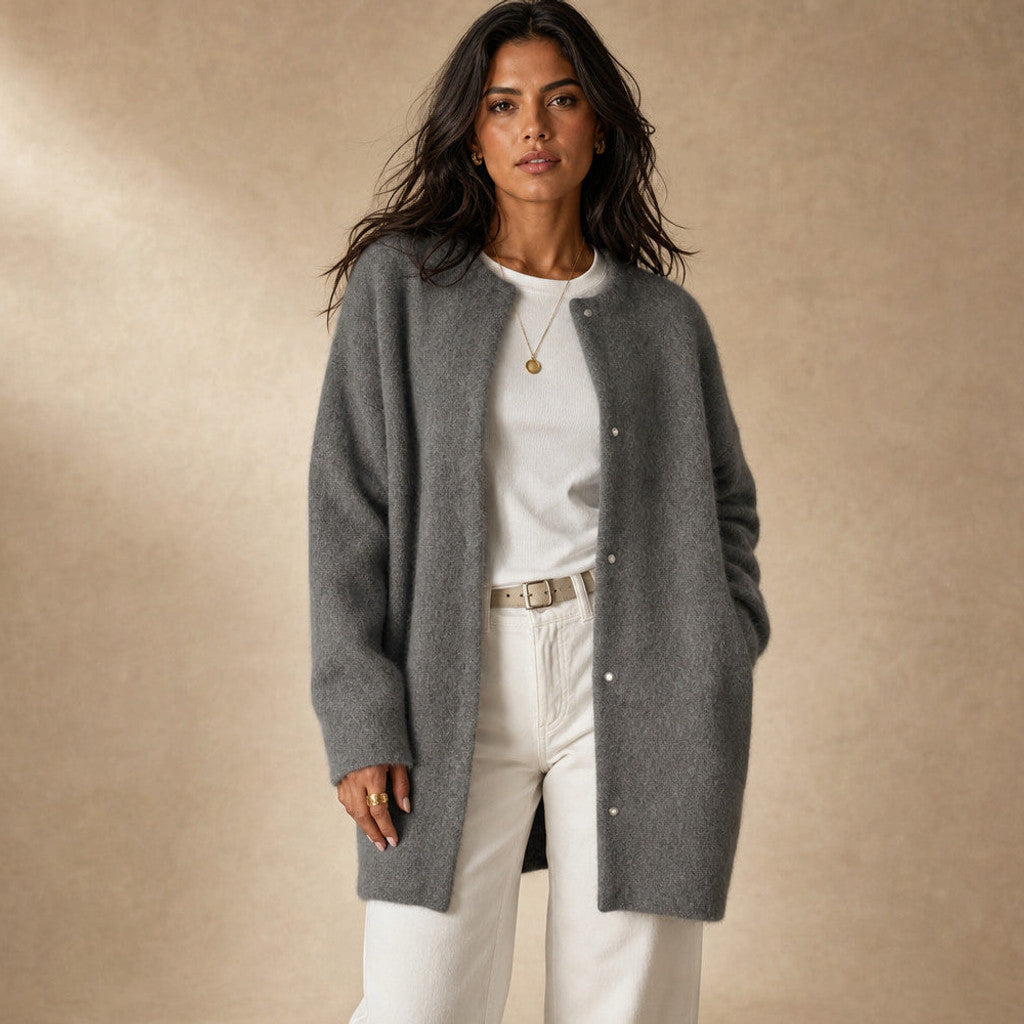 Clemency | Knitted Cardigan Dropped Shoulder Button Front in Grey – Premium Editorial
