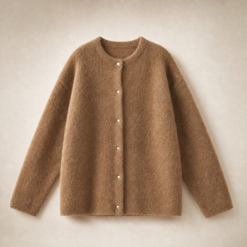 Clemency | Knitted Cardigan Dropped Shoulder Button Front Light Brown – Product Photo