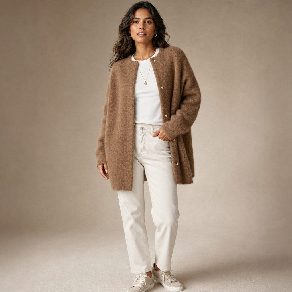 Clemency | Knitted Cardigan Dropped Shoulder Button Front in Light Brown – Premium Editorial
