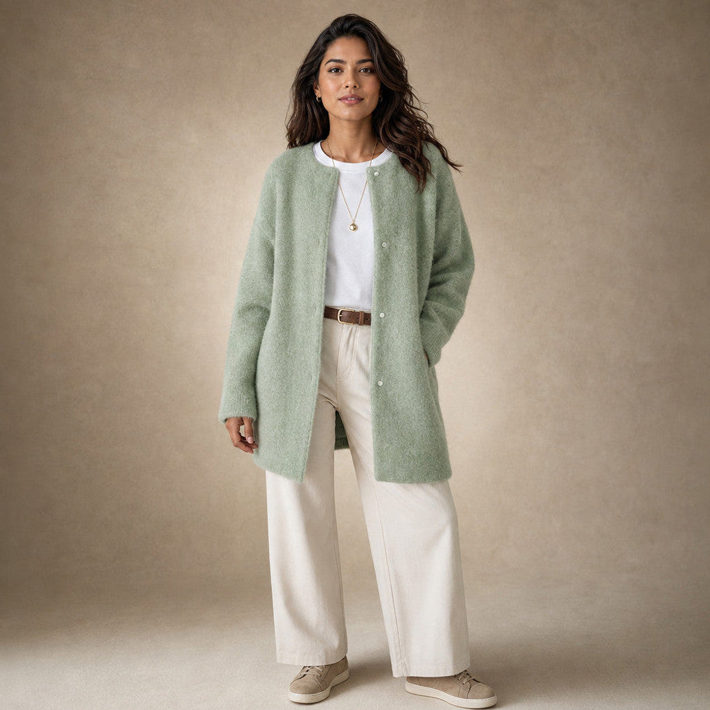 Clemency | Knitted Cardigan Dropped Shoulder Button Front in Light Green – Premium Editorial