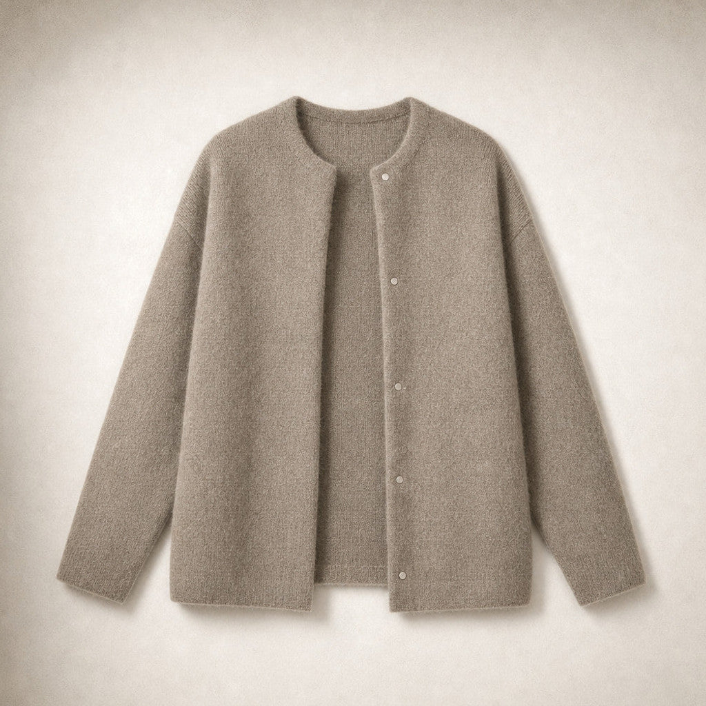 Clemency | Knitted Cardigan Dropped Shoulder Button Front Light Tan – Product Photo