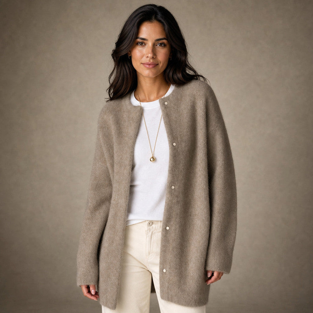 Clemency | Knitted Cardigan Dropped Shoulder Button Front in Light Tan – Premium Editorial