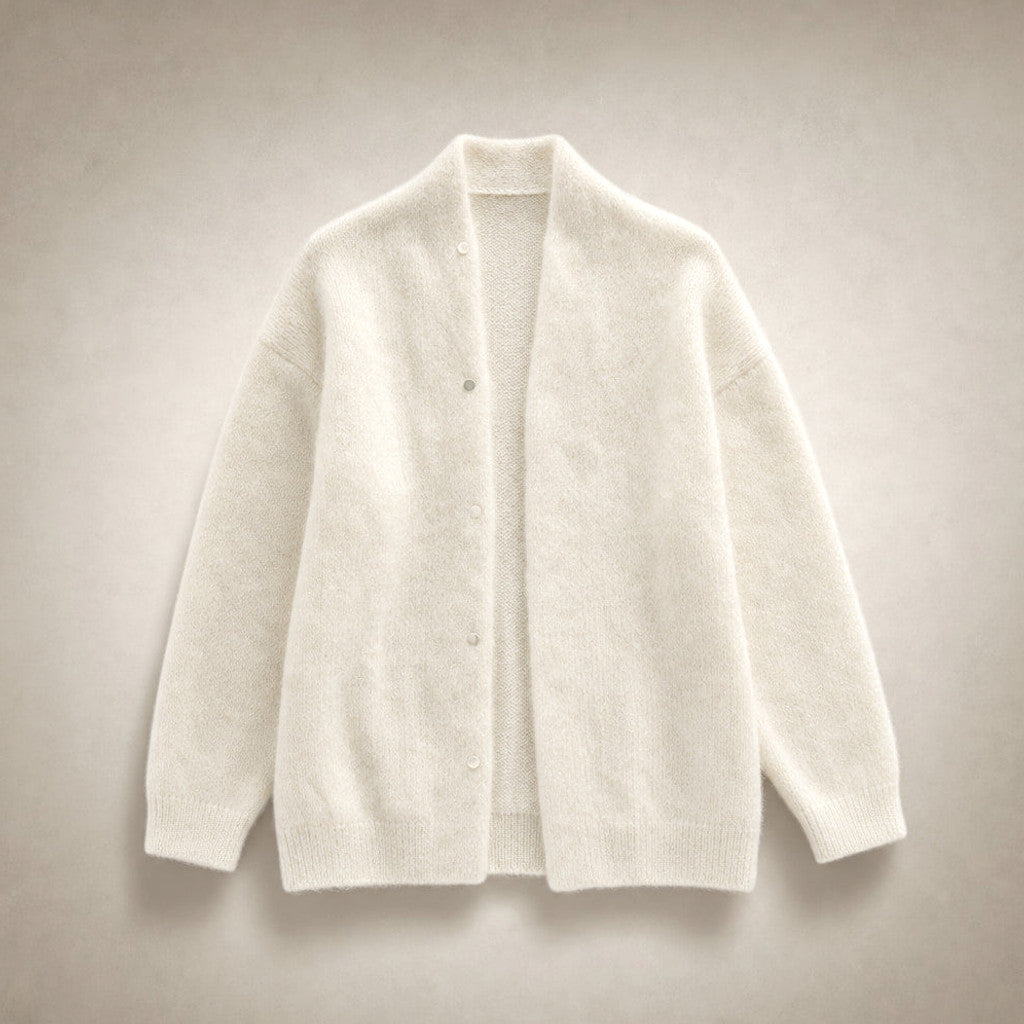 Clemency | Knitted Cardigan Dropped Shoulder Button Front White – Product Photo