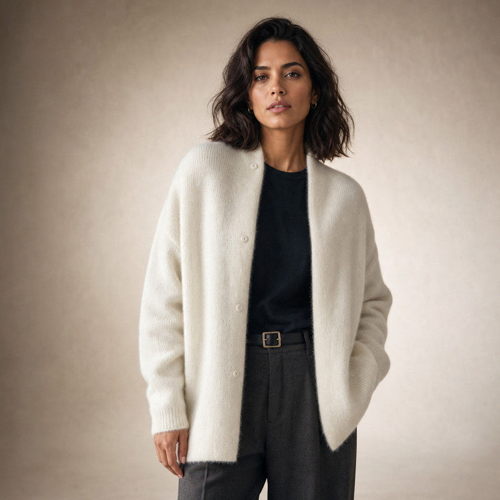 Clemency | Knitted Cardigan Dropped Shoulder Button Front in White – Premium Editorial