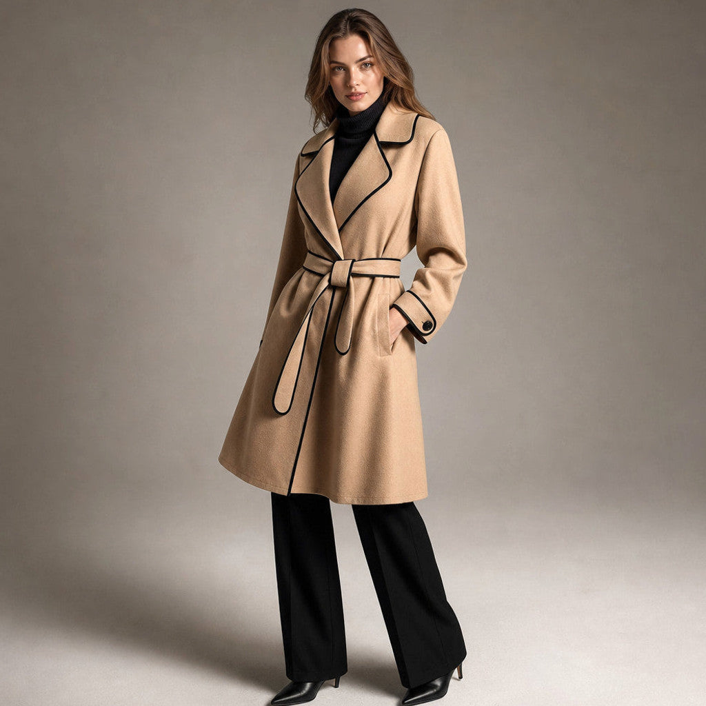 Cornela | Wool Coat Belted A-Line Champagne Beige – Side Angle View
