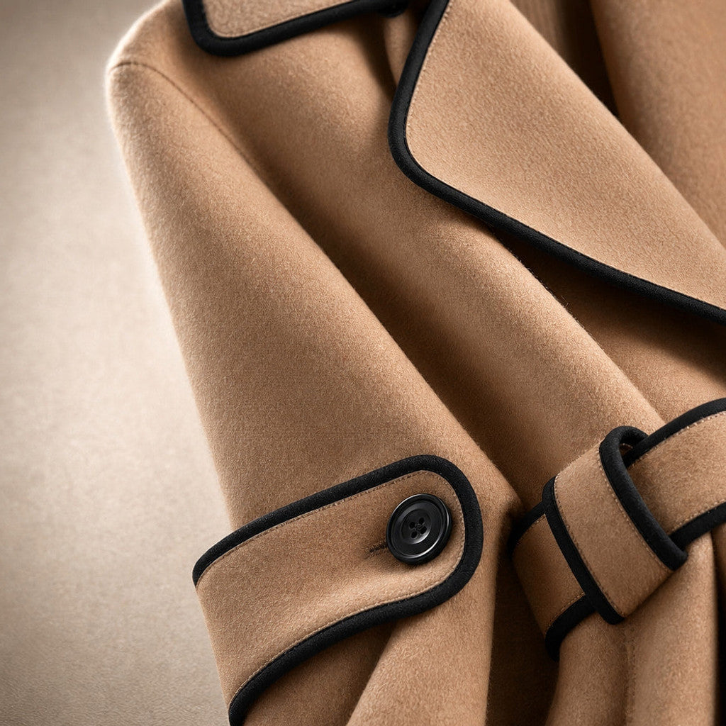 Cornela | Wool Coat Belted A-Line Champagne Beige – Fabric and Detail Close-Up