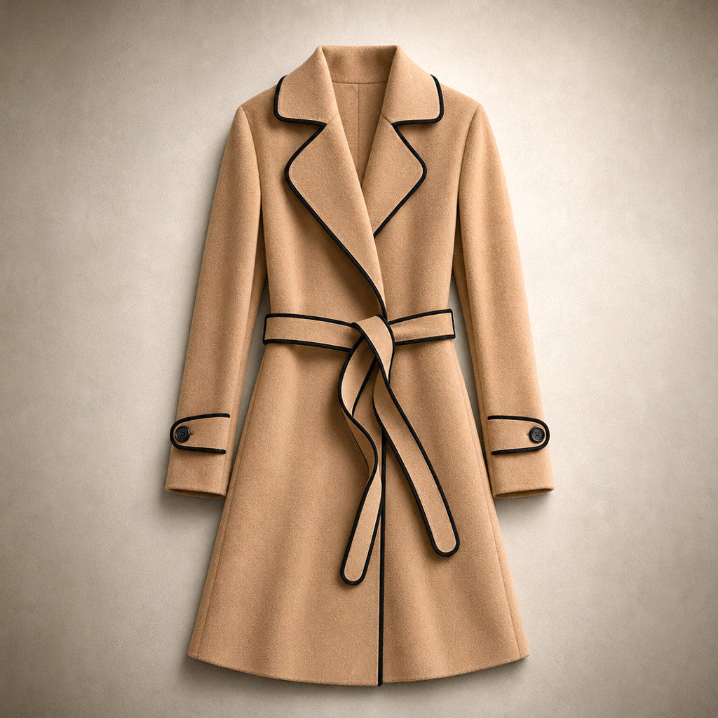 Cornela | Wool Coat Belted A-Line Champagne Beige – Flat Lay Product Photo