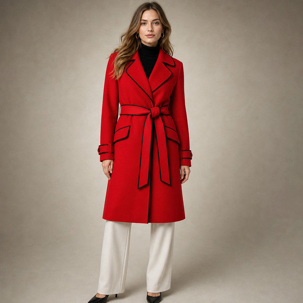 Cornela | Wool Coat Belted A-Line in Crimson Red – Premium Editorial