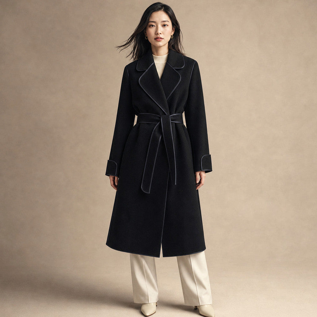 Cunegonde | Virgin Wool Trench Coat Belted Sash in Midnight Black – Premium Editorial