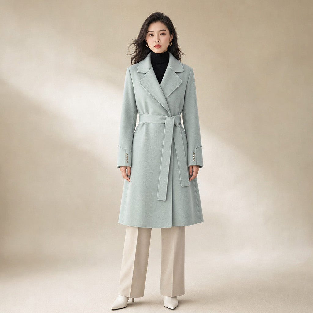 Cunegonde | Virgin Wool Trench Coat Belted Sash in Mint Green – Premium Editorial