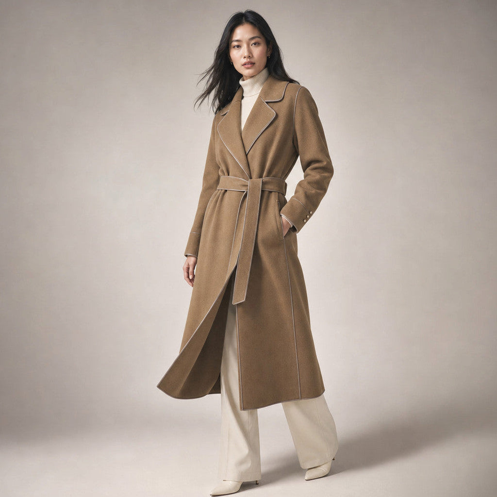 Cunegonde | Virgin Wool Trench Coat Belted Sash Mocha Brown – Side Angle View