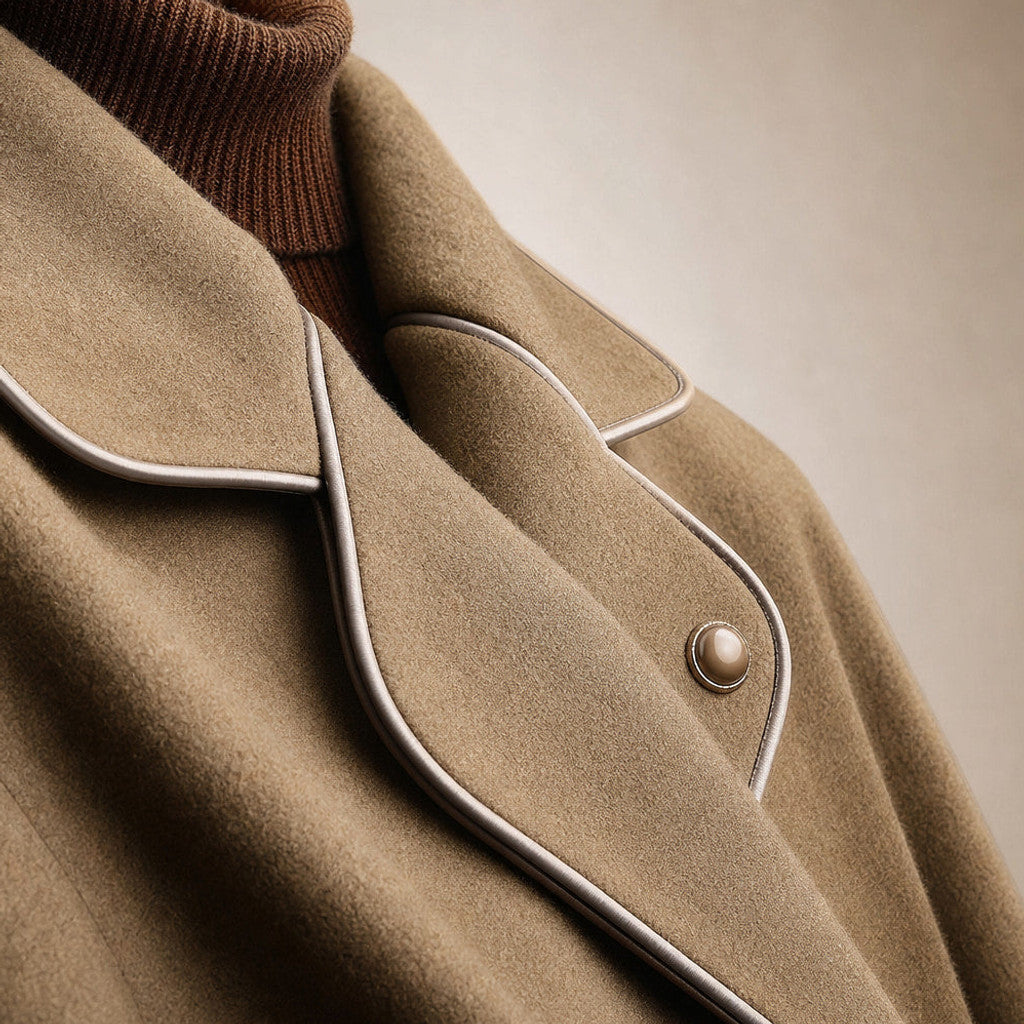 Cunegonde | Virgin Wool Trench Coat Belted Sash Mocha Brown – Fabric and Detail Close-Up