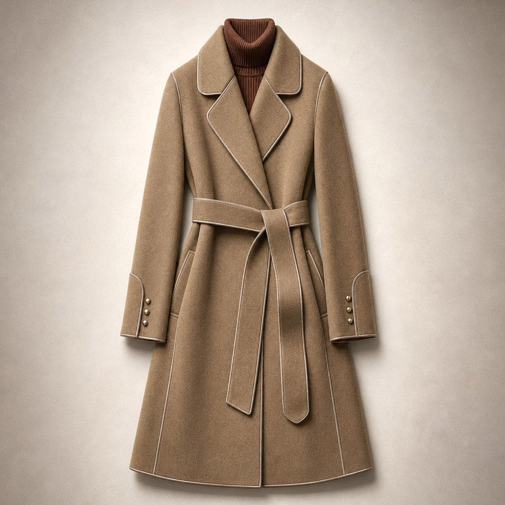 Cunegonde | Virgin Wool Trench Coat Belted Sash Mocha Brown – Flat Lay Product Photo