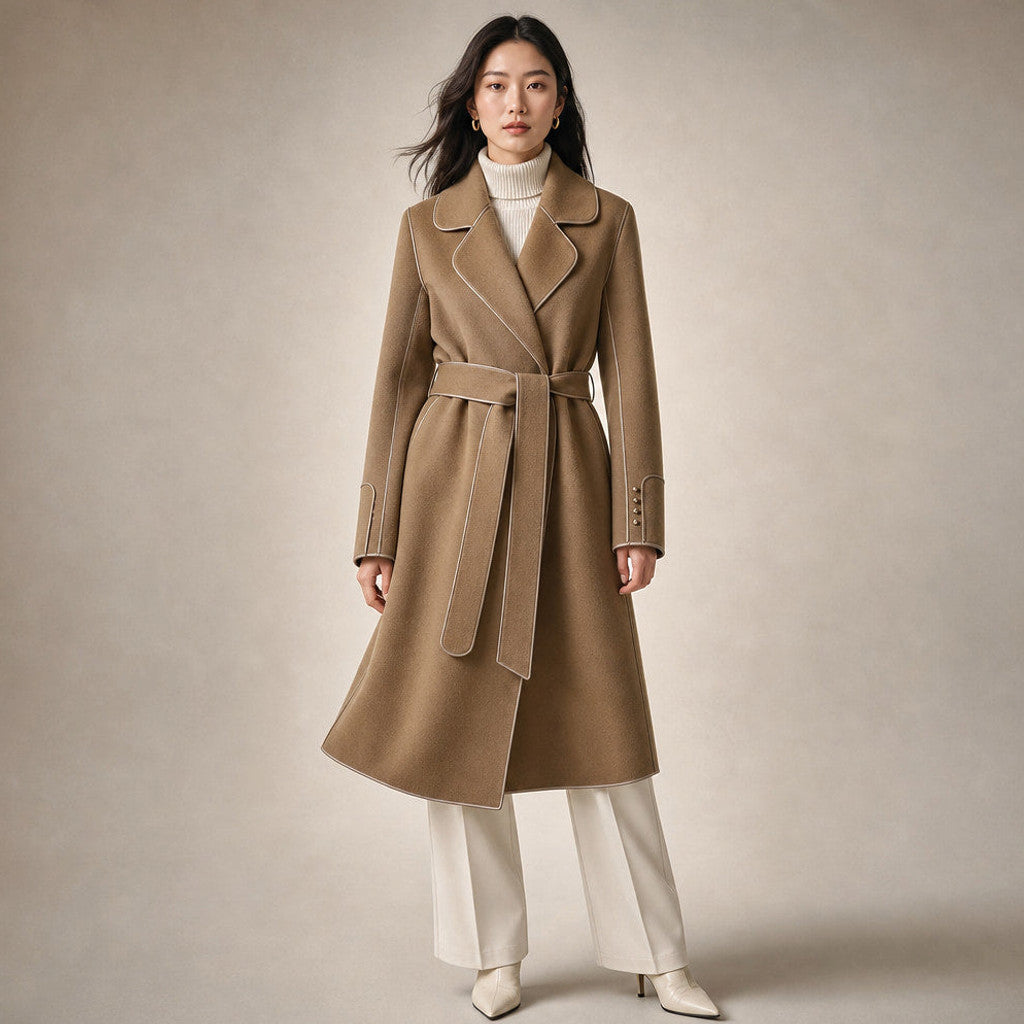 Cunegonde | Virgin Wool Trench Coat Belted Sash in Mocha Brown – Premium Editorial
