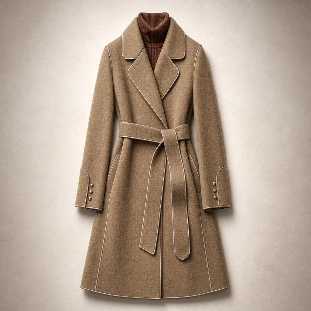 Cunegonde | Virgin Wool Trench Coat Belted Sash – Flat Lay Product Photo