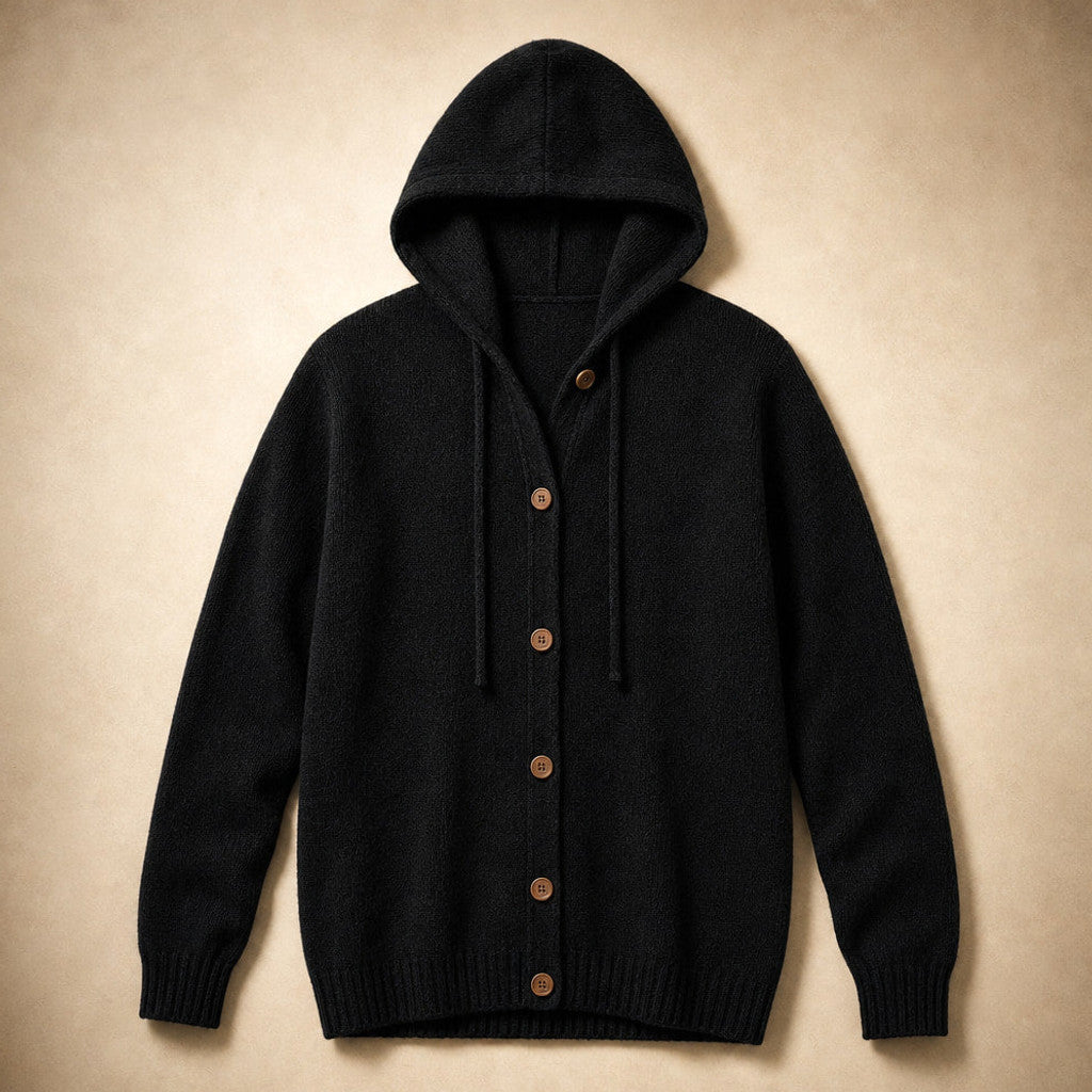 Damaris | Hooded Cardigan Drawcord Button Front Black – Product Photo