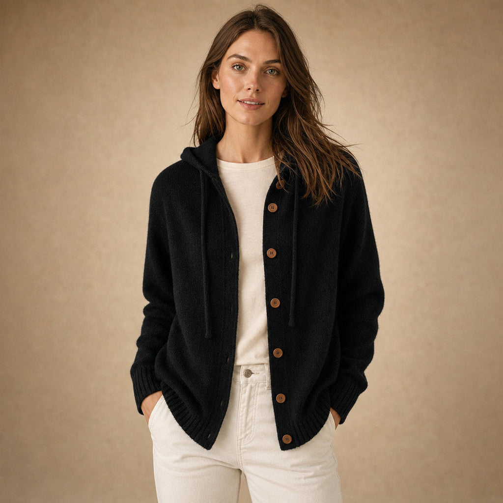 Damaris | Hooded Cardigan Drawcord Button Front in Black – Premium Editorial