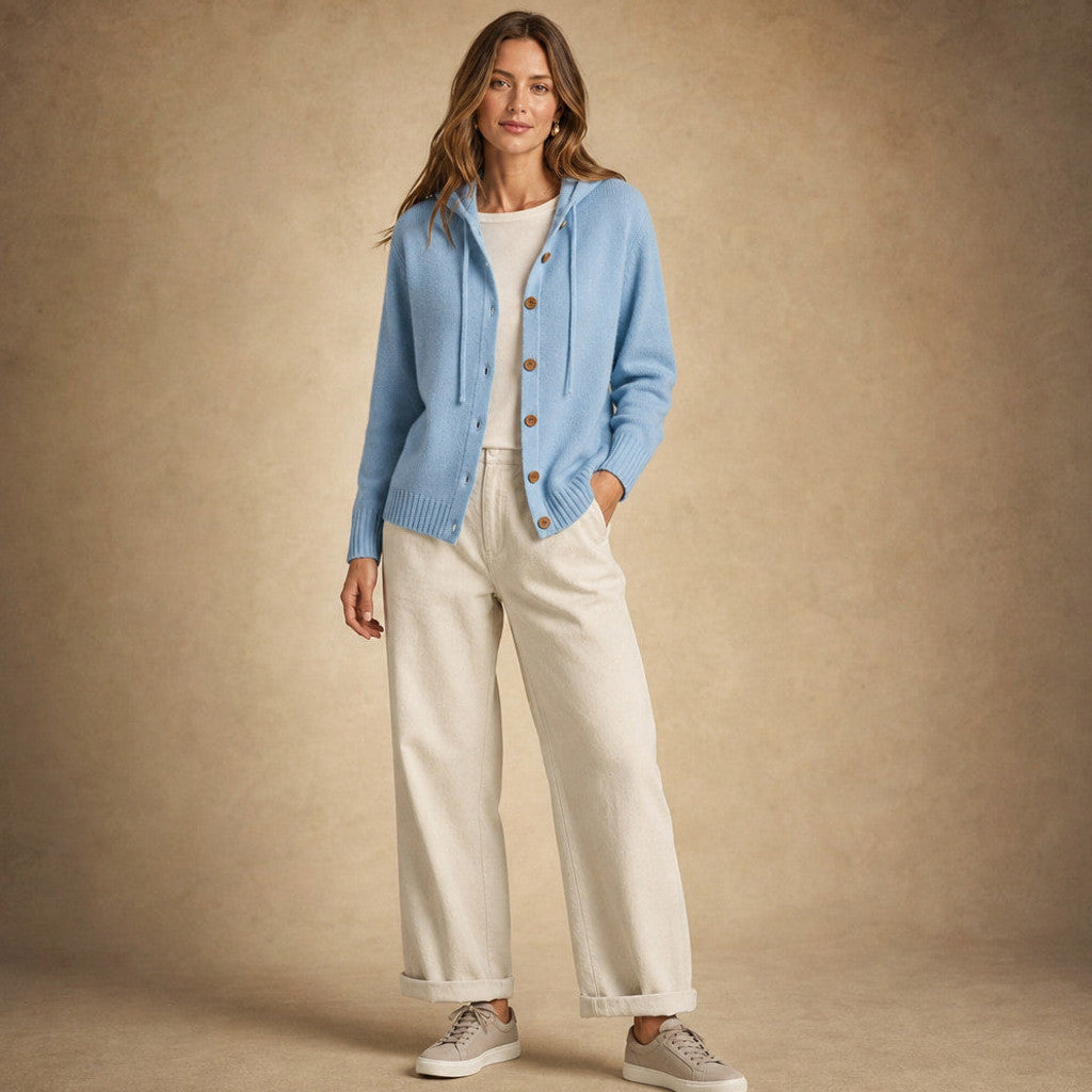 Damaris | Hooded Cardigan Drawcord Button Front Blue – Side Angle View