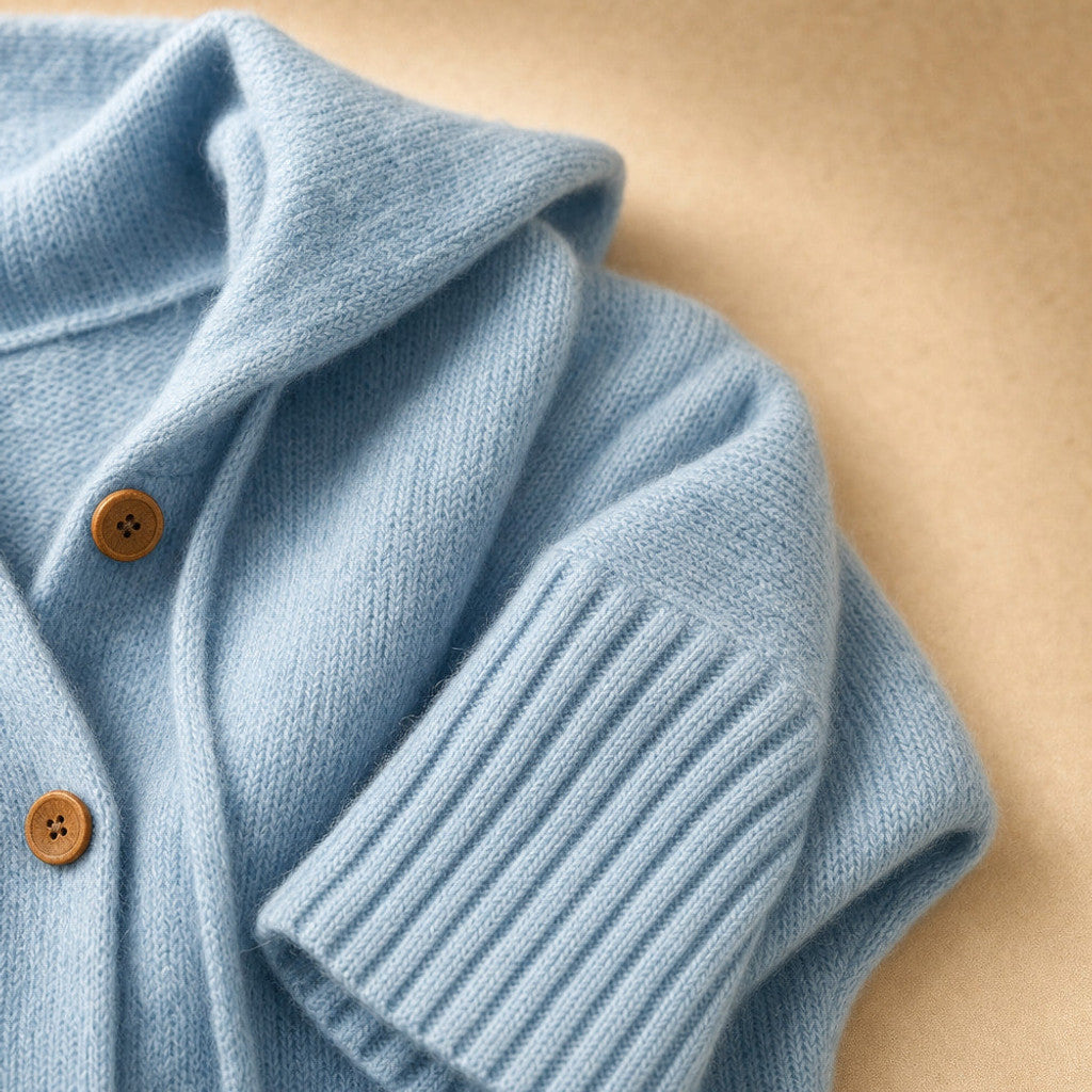Damaris | Hooded Cardigan Drawcord Button Front Blue – Fabric and Detail Close-Up