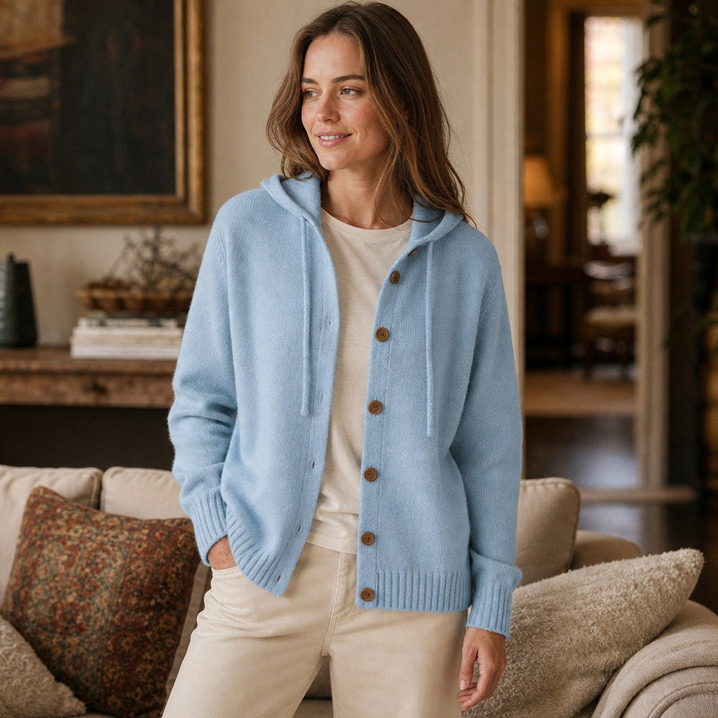 Damaris | Hooded Cardigan Drawcord Button Front Blue – Styled Editorial Shot