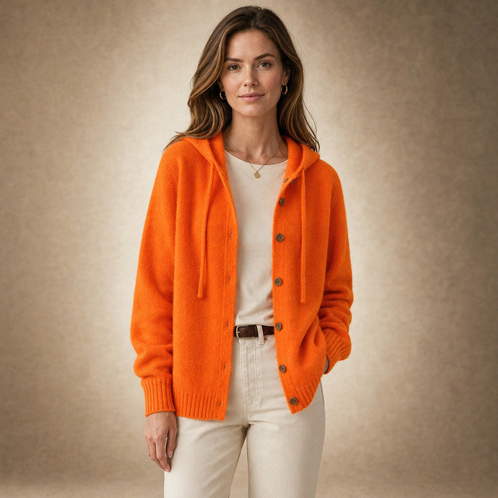 Damaris | Hooded Cardigan Drawcord Button Front in Bright Orange – Premium Editorial