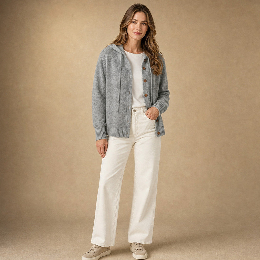 Damaris | Hooded Cardigan Drawcord Button Front in Grey – Premium Editorial
