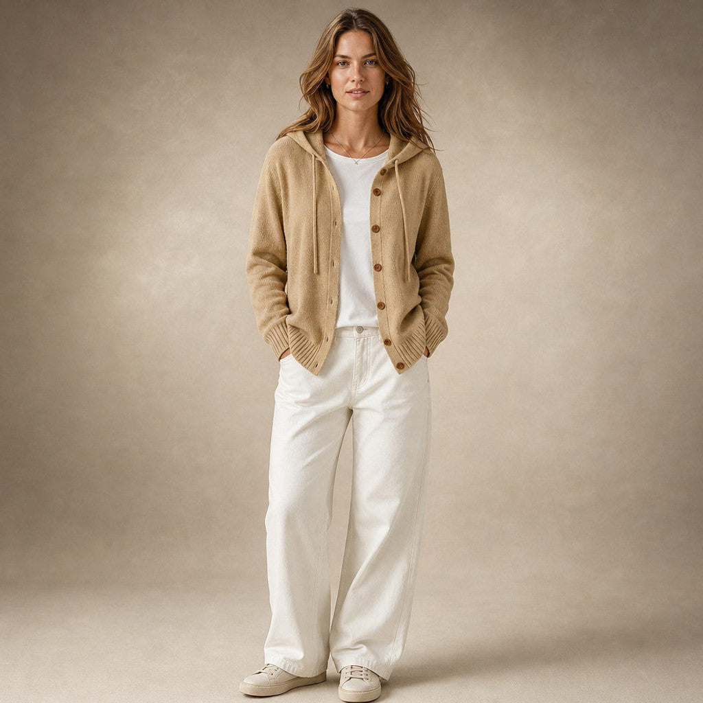 Damaris | Hooded Cardigan Drawcord Button Front in Khaki – Premium Editorial