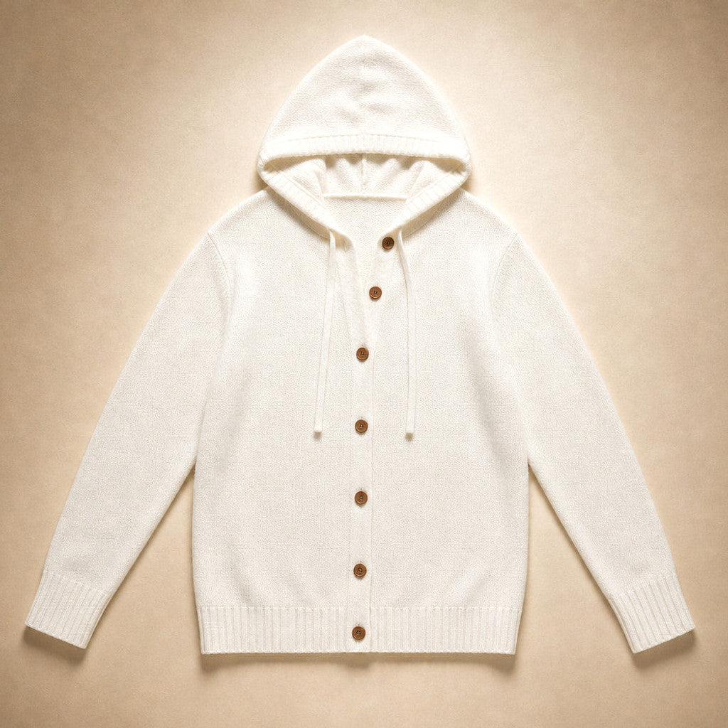 Damaris | Hooded Cardigan Drawcord Button Front White – Product Photo