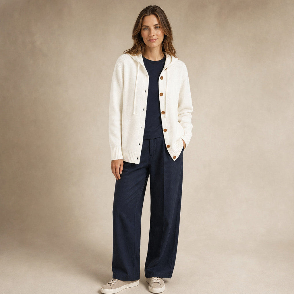 Damaris | Hooded Cardigan Drawcord Button Front in White – Premium Editorial