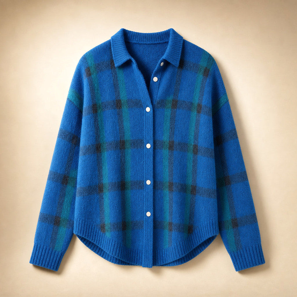 Delicia | Check Knit Cardigan Open Front Blue – Product Photo