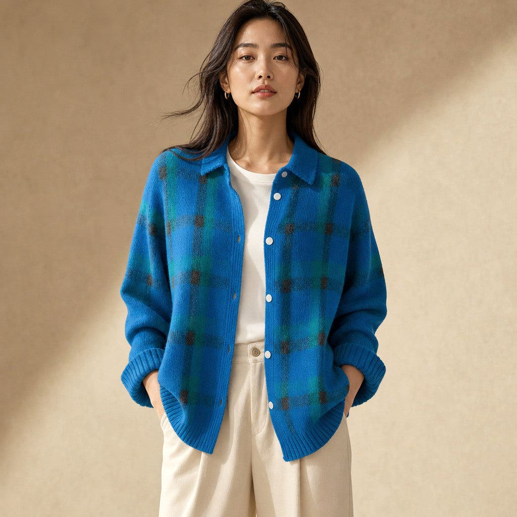 Delicia | Check Knit Cardigan Open Front in Blue – Premium Editorial