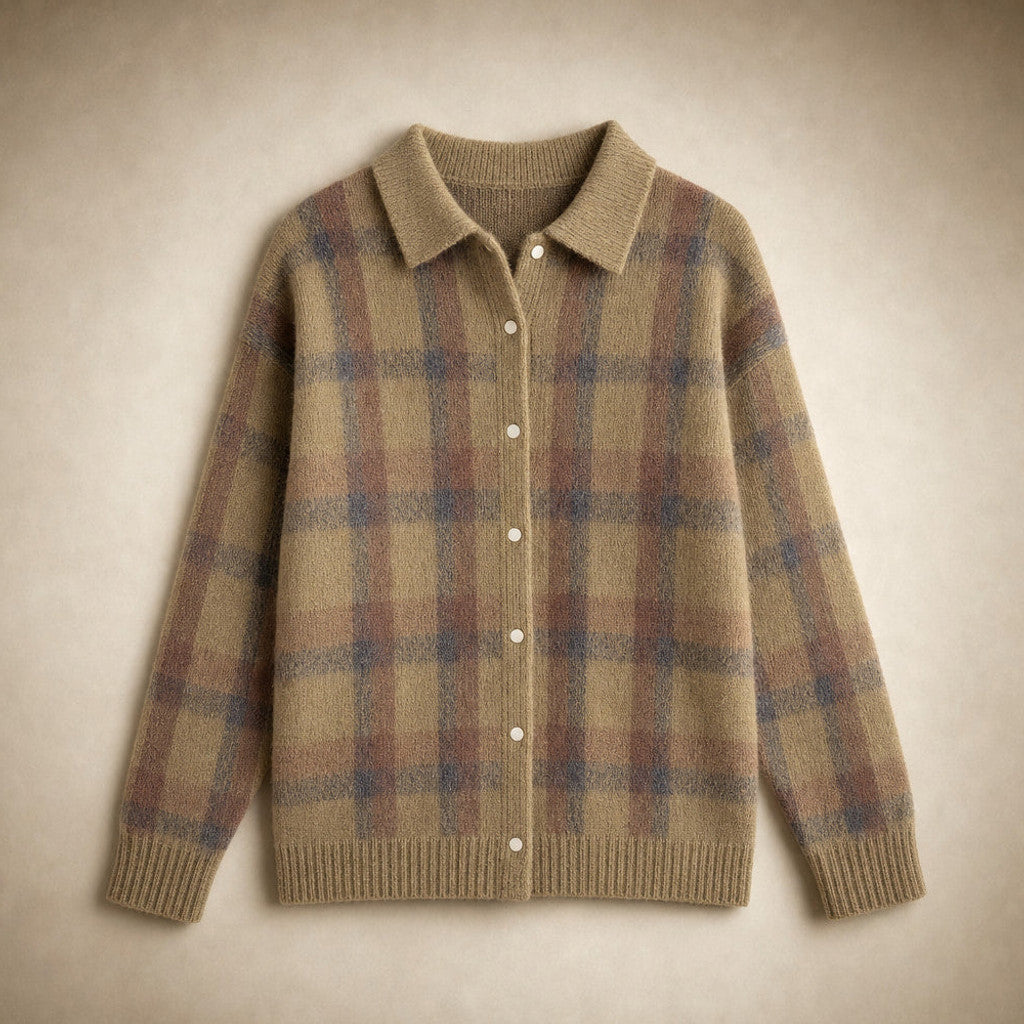 Delicia | Check Knit Cardigan Open Front Brown – Product Photo