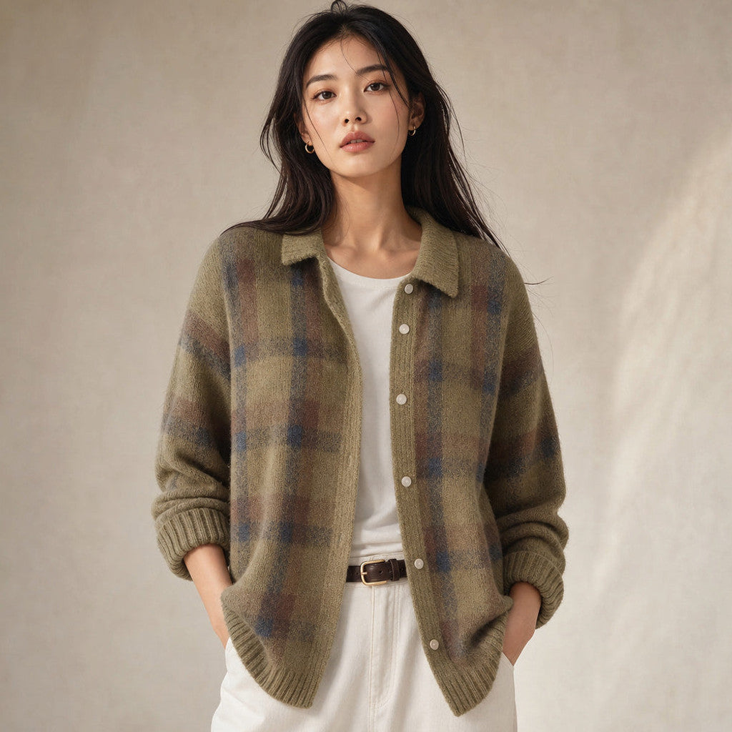 Delicia | Check Knit Cardigan Open Front in Brown – Premium Editorial