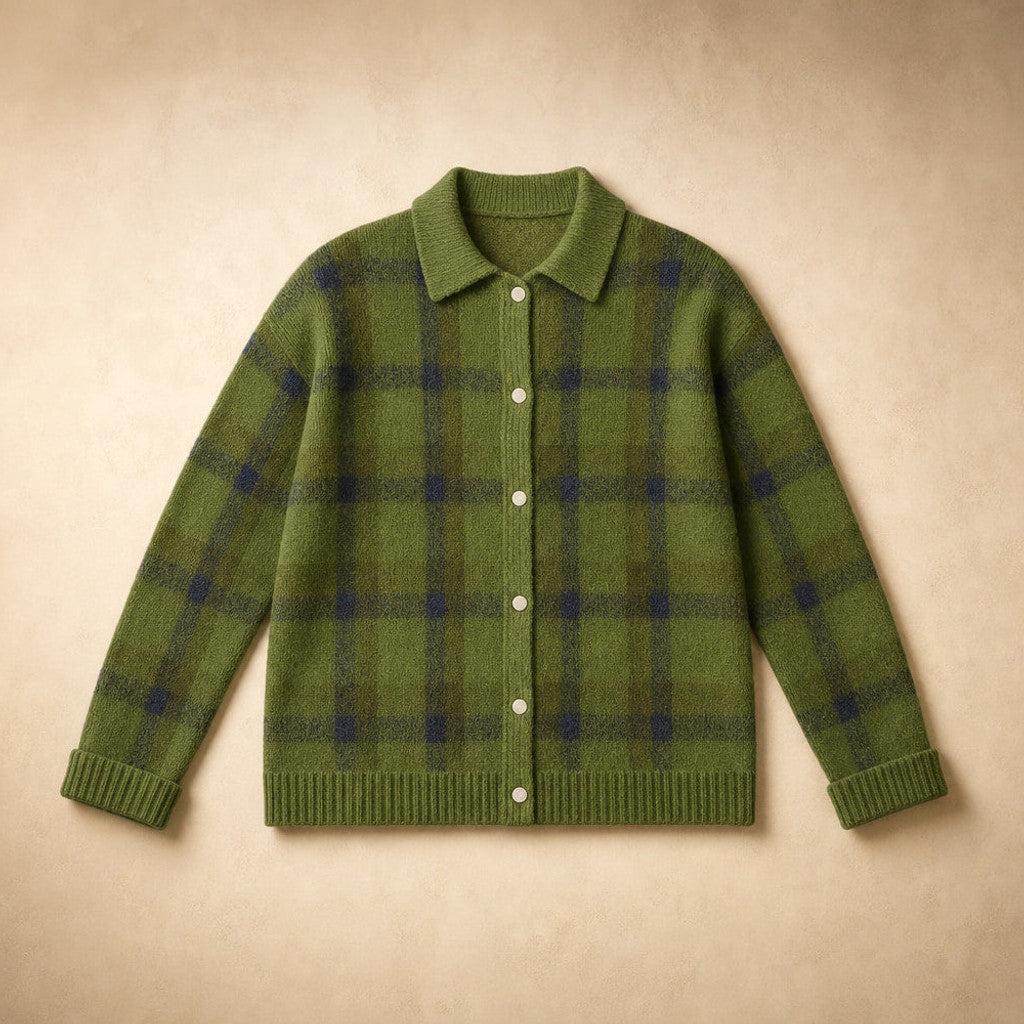 Delicia | Check Knit Cardigan Open Front Green – Product Photo