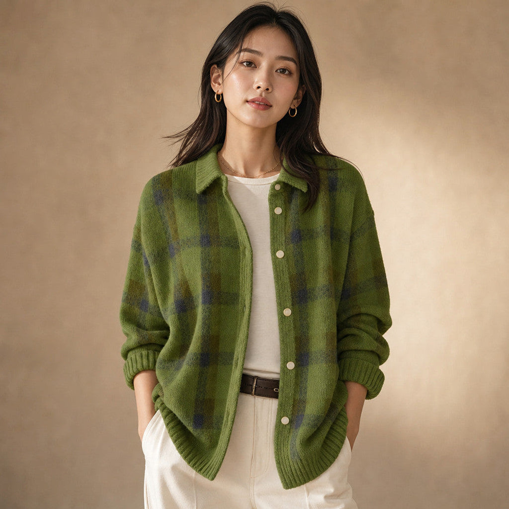 Delicia | Check Knit Cardigan Open Front in Green – Premium Editorial