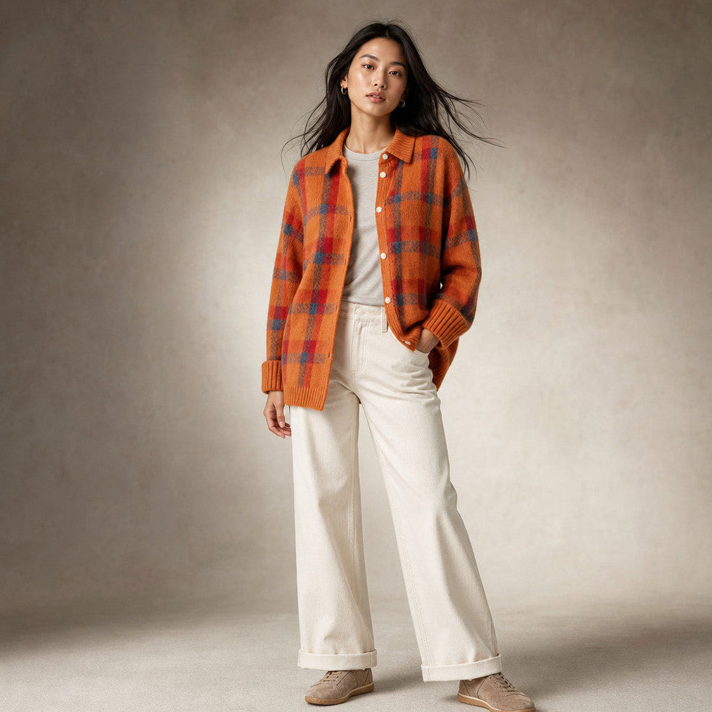 Delicia | Check Knit Cardigan Open Front Orange – Side Angle View