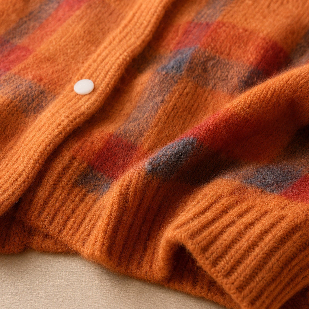 Delicia | Check Knit Cardigan Open Front Orange – Fabric and Detail Close-Up
