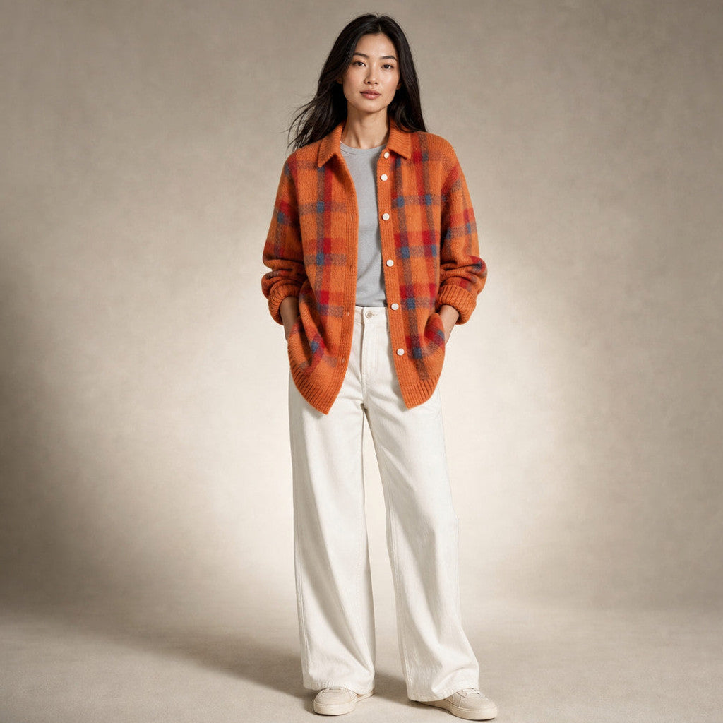 Delicia | Check Knit Cardigan Open Front Orange – Full Look